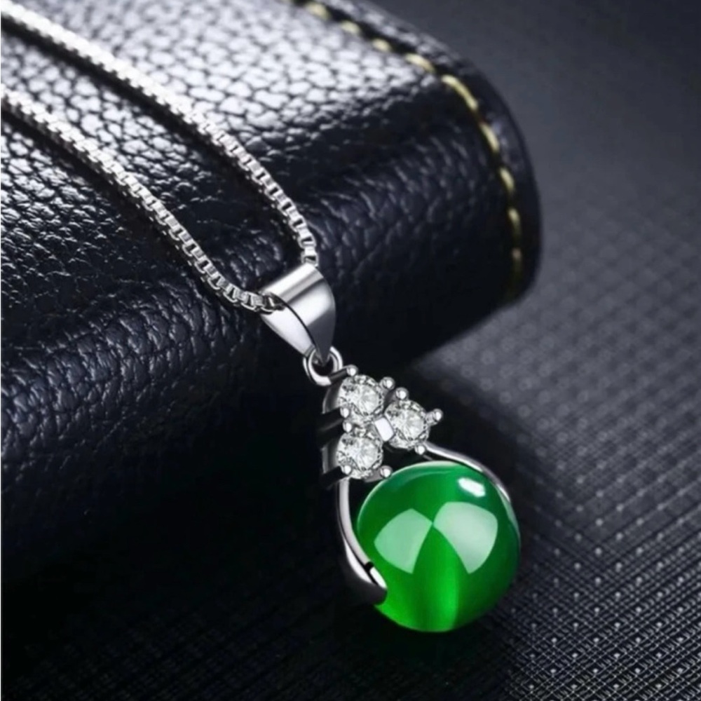 NATURAL Green Jadeite Jade Diamond Pendant Stamped 925 Sterling Silver Necklace - Picture 2 of 8